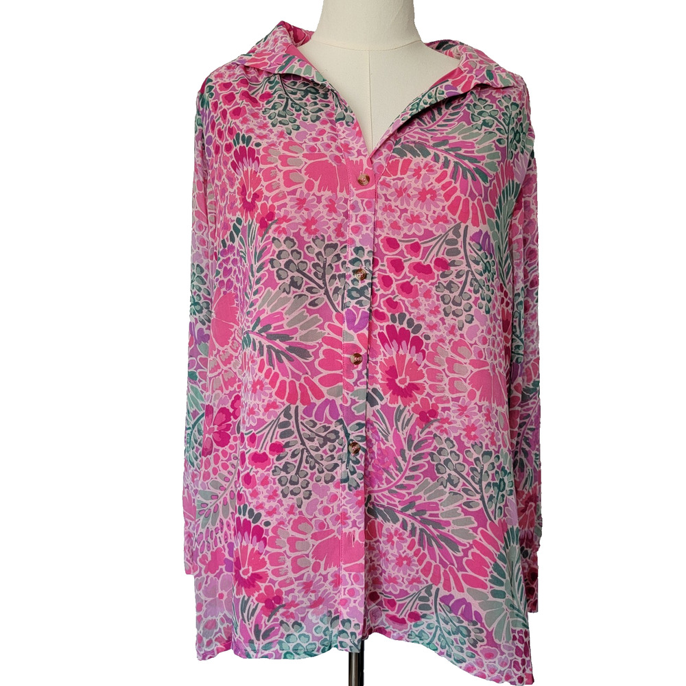 Aura Floral Pink Button Blouse Womens M Fairycore Cottage Whimsy Office Feminine